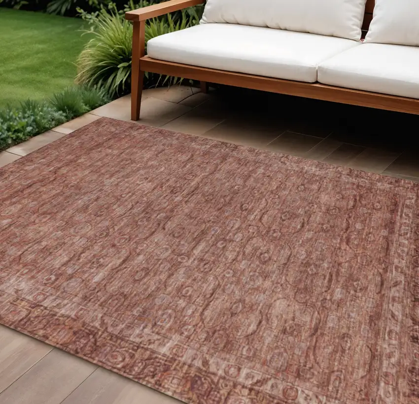 Terra Cotta And Rust Floral Washable Indoor Outdoor Area Rug Photo 1