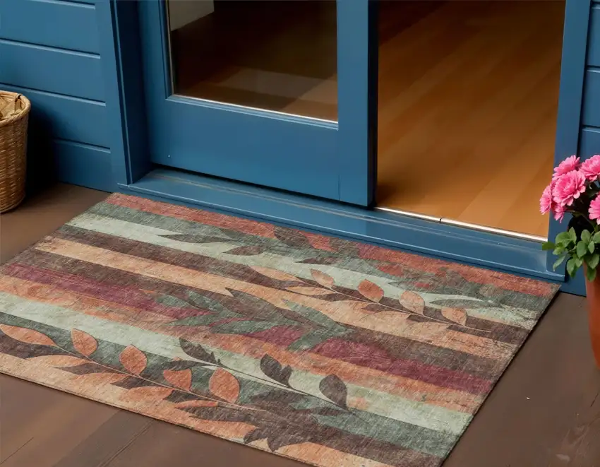 Terra Cotta And Sage Floral Washable Indoor Outdoor Area Rug Photo 2