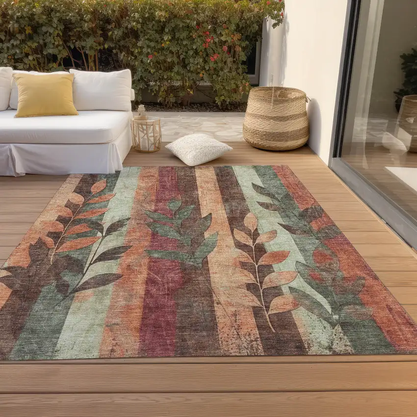 Terra Cotta And Sage Floral Washable Indoor Outdoor Area Rug Photo 8