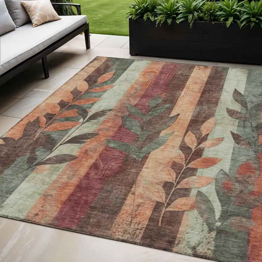 Terra Cotta And Sage Floral Washable Indoor Outdoor Area Rug Photo 2