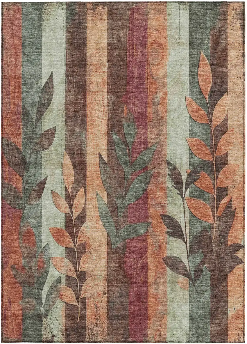 Terra Cotta And Sage Floral Washable Indoor Outdoor Area Rug Photo 1