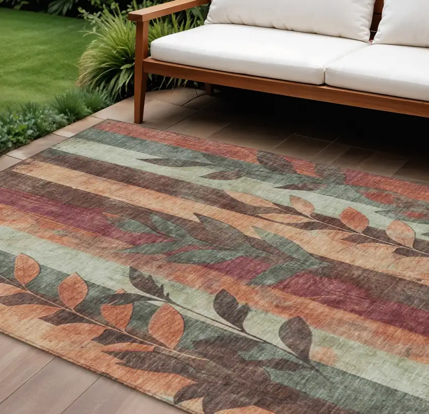 Terra Cotta And Sage Floral Washable Indoor Outdoor Area Rug Photo 2