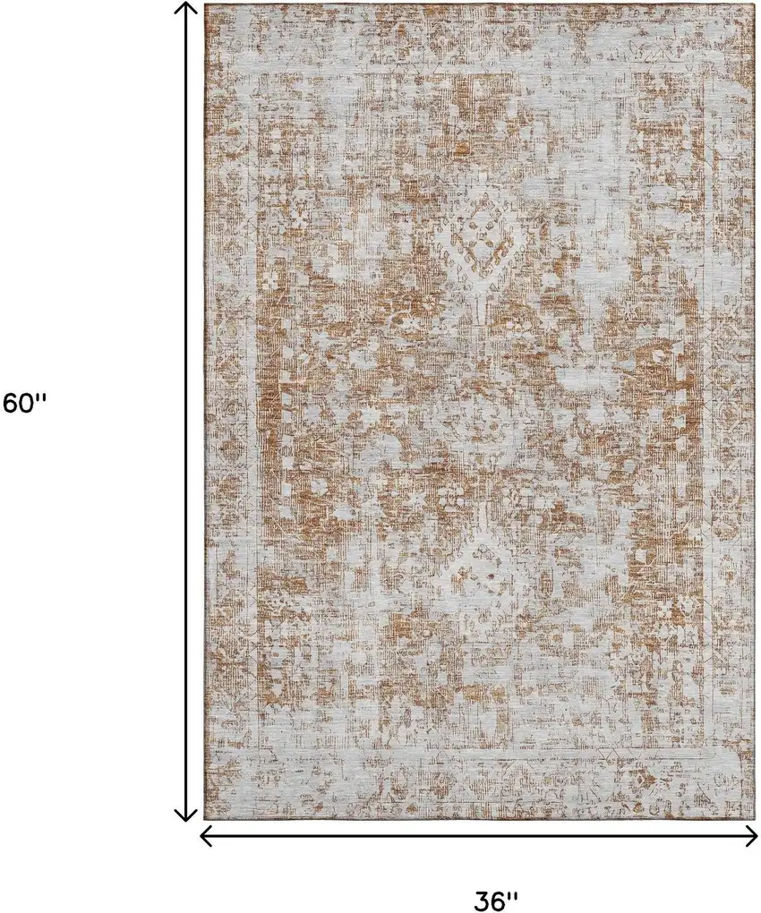 Terra Cotta And Silver Oriental Washable Area Rug With UV Protection Photo 3