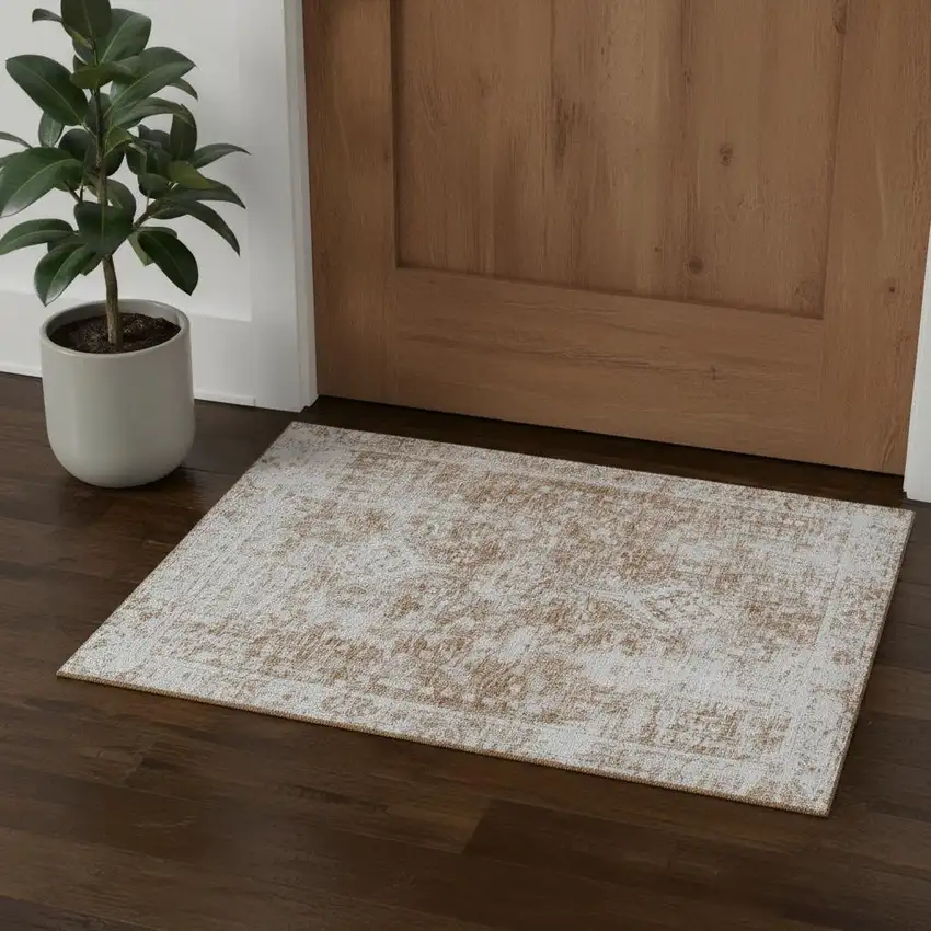 Terra Cotta And Silver Oriental Washable Area Rug With UV Protection Photo 1