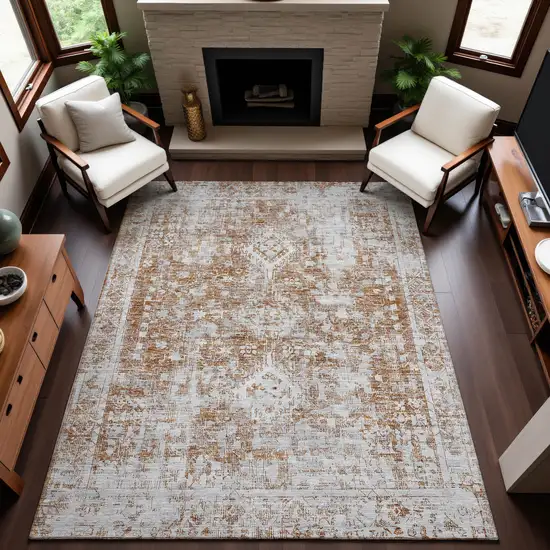 Terra Cotta And Silver Oriental Washable Area Rug With UV Protection Photo 5