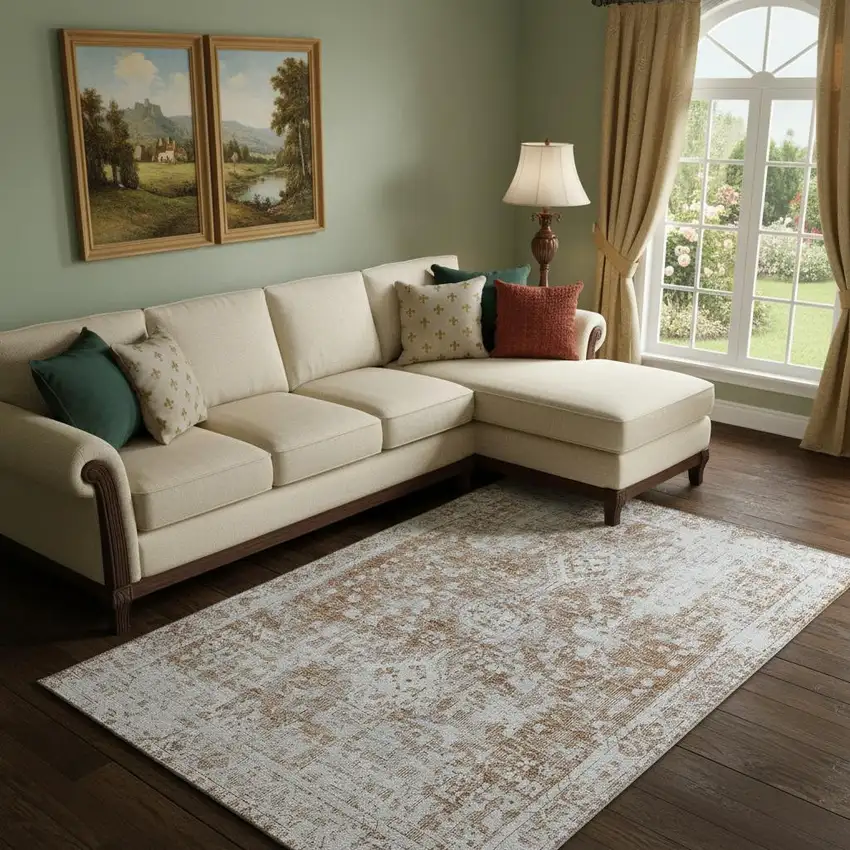 Terra Cotta And Silver Oriental Washable Area Rug With UV Protection Photo 2