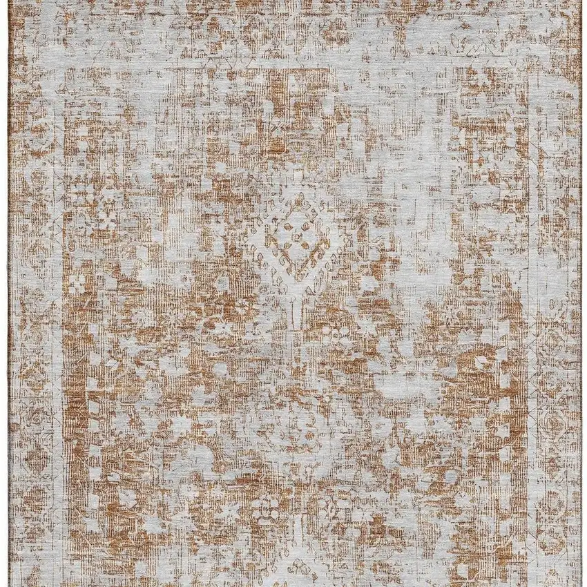 Terra Cotta And Silver Oriental Washable Area Rug With UV Protection Photo 2