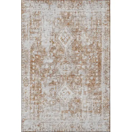 Terra Cotta And Silver Oriental Washable Area Rug With UV Protection Photo 3