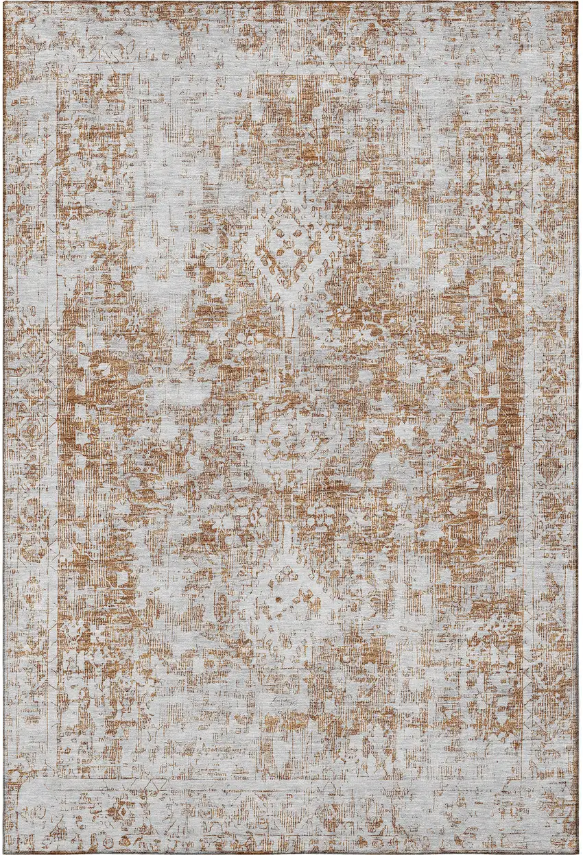 Terra Cotta And Silver Oriental Washable Area Rug With UV Protection Photo 3