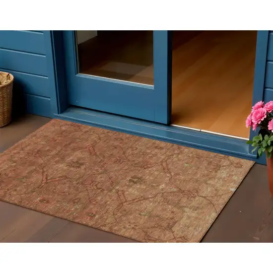 Terra Cotta And Taupe Floral Washable Indoor Outdoor Area Rug Photo 1