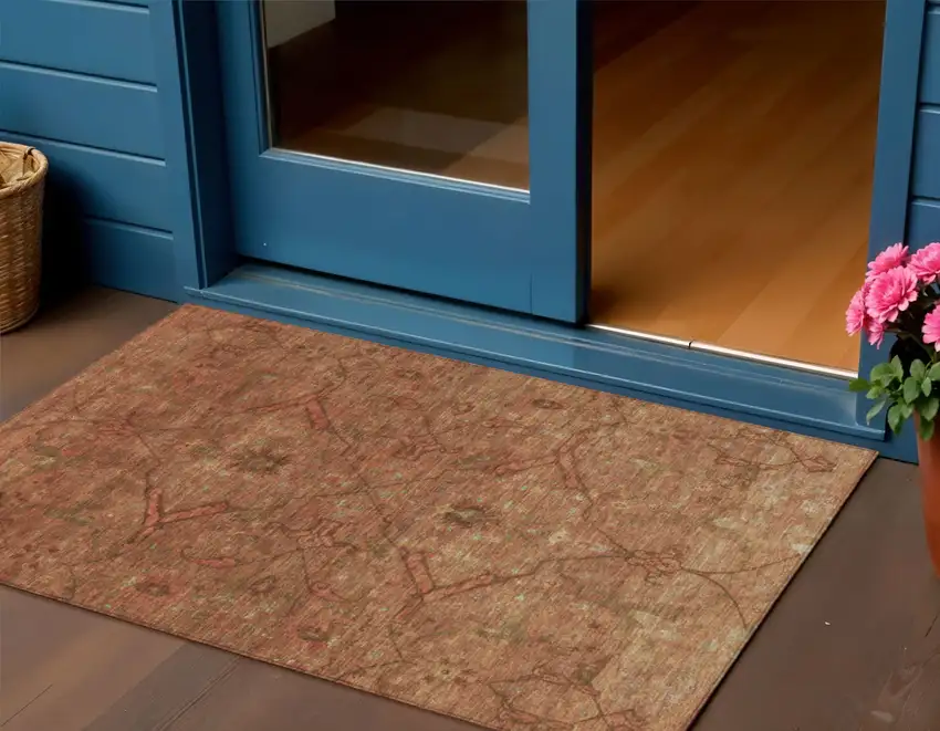 Terra Cotta And Taupe Floral Washable Indoor Outdoor Area Rug Photo 1