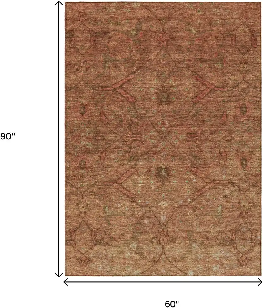 Terra Cotta And Taupe Floral Washable Indoor Outdoor Area Rug Photo 3
