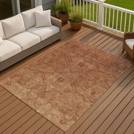 Terra Cotta And Taupe Floral Washable Indoor Outdoor Area Rug Photo 6
