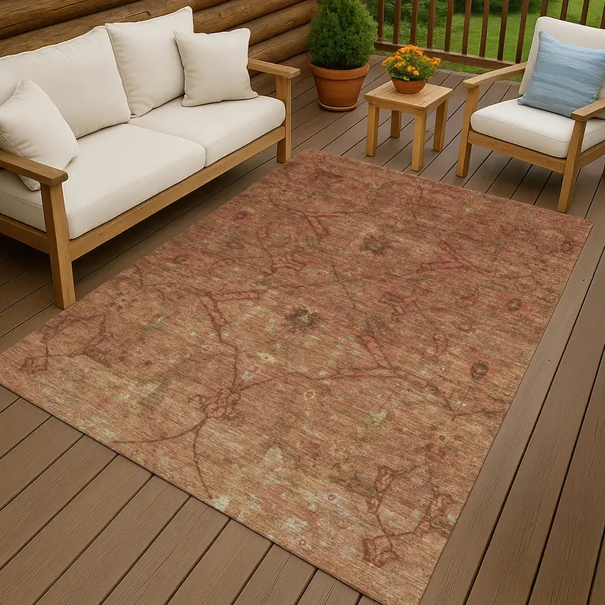 Terra Cotta And Taupe Floral Washable Indoor Outdoor Area Rug Photo 9