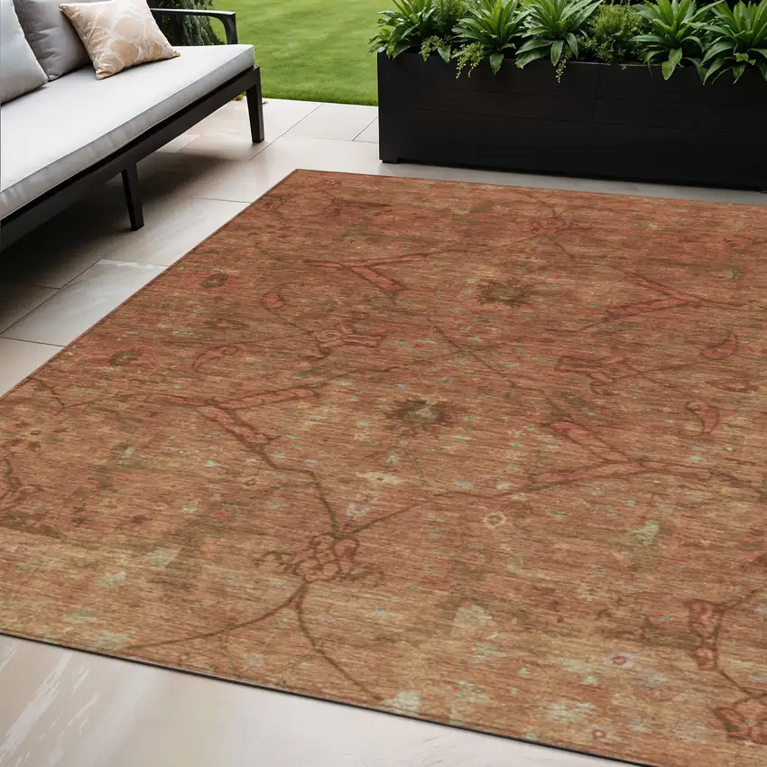 Terra Cotta And Taupe Floral Washable Indoor Outdoor Area Rug Photo 1