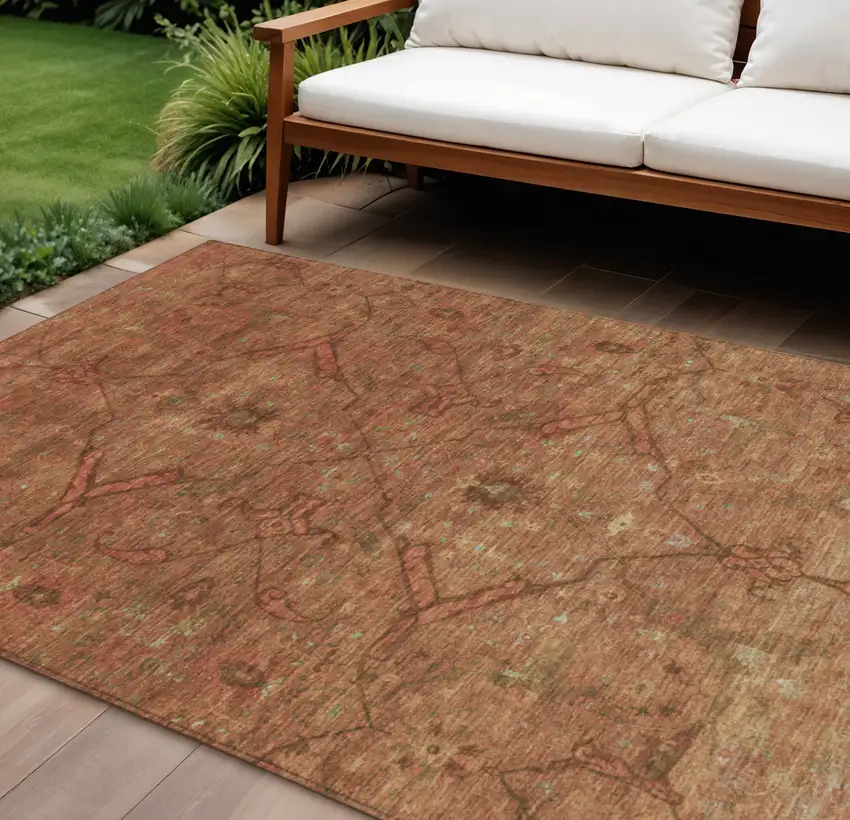 Terra Cotta And Taupe Floral Washable Indoor Outdoor Area Rug Photo 1