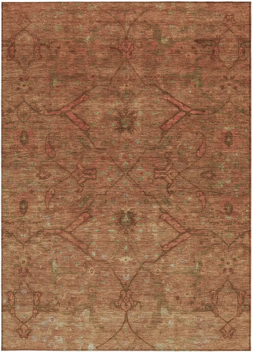 Terra Cotta And Taupe Floral Washable Indoor Outdoor Area Rug Photo 4