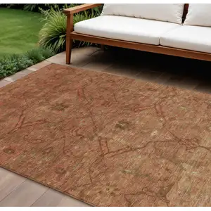 Photo of Terra Cotta And Taupe Floral Washable Indoor Outdoor Area Rug