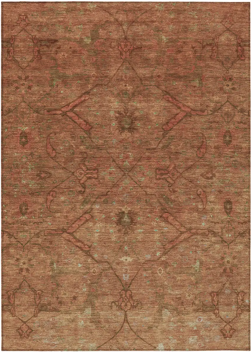 Terra Cotta And Taupe Floral Washable Indoor Outdoor Area Rug Photo 2