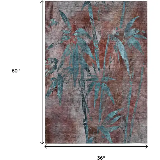 Terra Cotta And Teal Blue Botanical Leaves Washable Indoor Outdoor Area Rug Photo 3