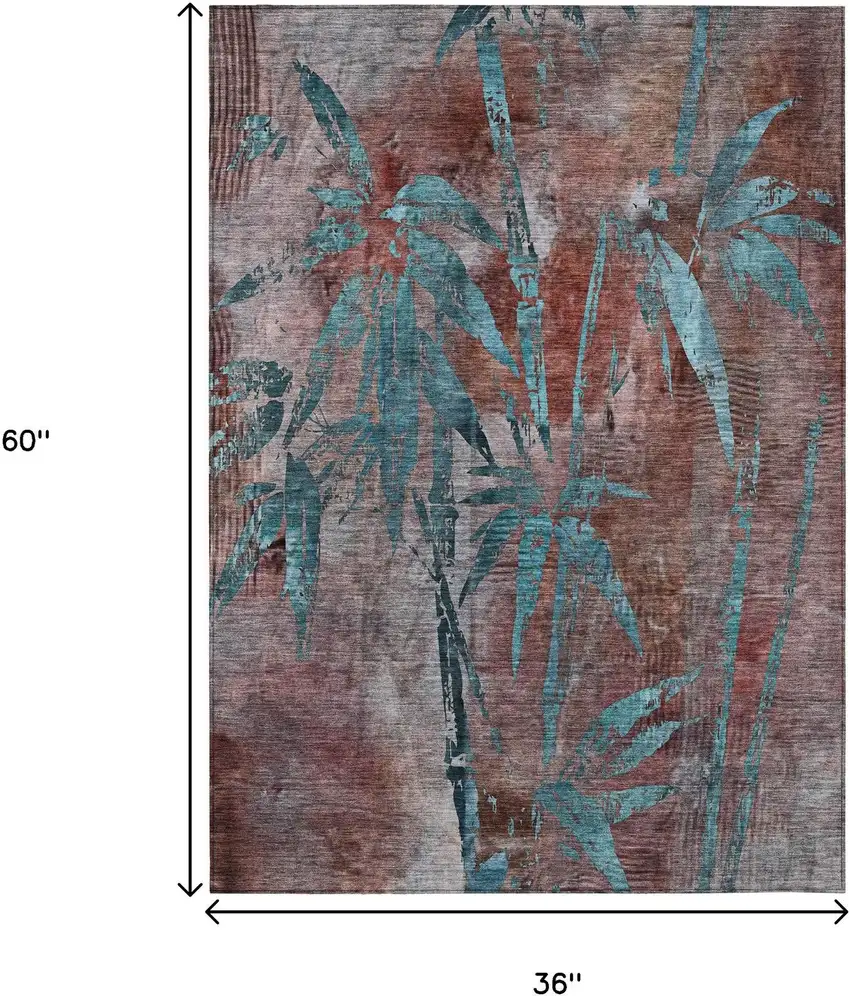 Terra Cotta And Teal Blue Botanical Leaves Washable Indoor Outdoor Area Rug Photo 3