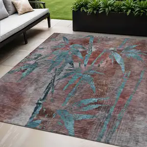Photo of Terra Cotta And Teal Blue Botanical Leaves Washable Indoor Outdoor Area Rug