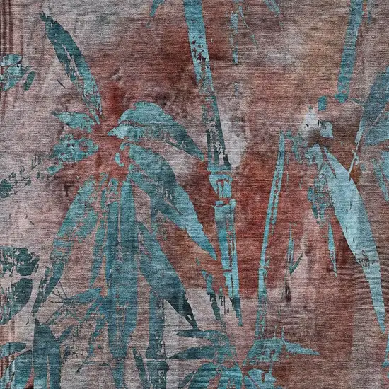 Terra Cotta And Teal Blue Botanical Leaves Washable Indoor Outdoor Area Rug Photo 7