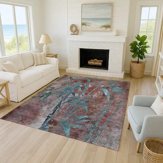 Terra Cotta And Teal Blue Botanical Leaves Washable Indoor Outdoor Area Rug Photo 9