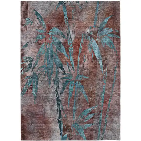 Terra Cotta And Teal Blue Botanical Leaves Washable Indoor Outdoor Area Rug Photo 2