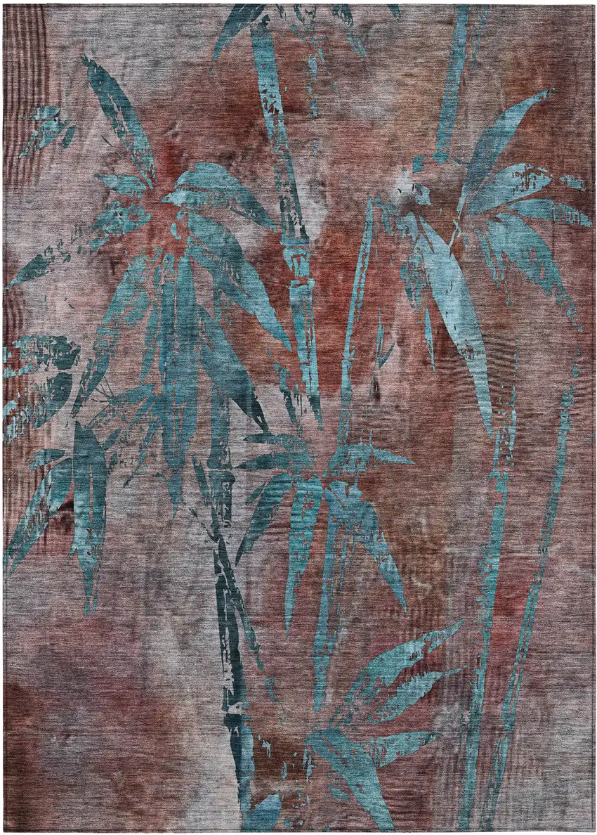 Terra Cotta And Teal Blue Botanical Leaves Washable Indoor Outdoor Area Rug Photo 2