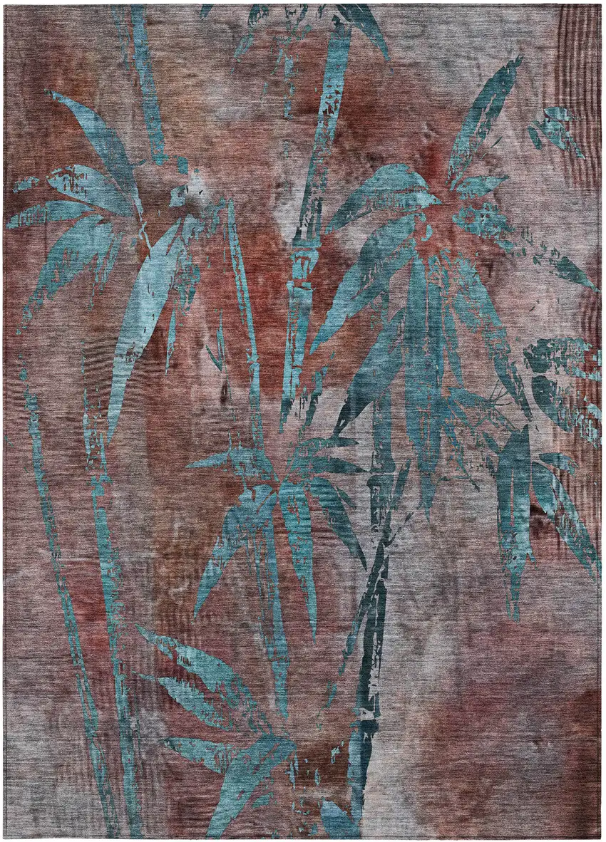 Terra Cotta And Teal Blue Botanical Leaves Washable Indoor Outdoor Area Rug Photo 4