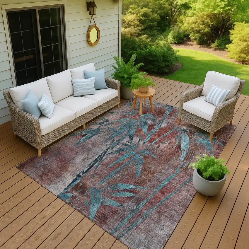 Terra Cotta And Teal Blue Botanical Leaves Washable Indoor Outdoor Area Rug Photo 9