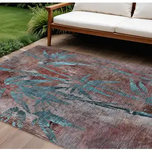 Photo of Terra Cotta And Teal Blue Botanical Leaves Washable Indoor Outdoor Area Rug