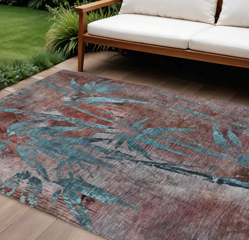 Terra Cotta And Teal Blue Botanical Leaves Washable Indoor Outdoor Area Rug Photo 1
