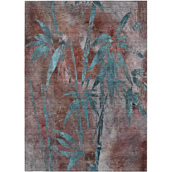 Terra Cotta And Teal Blue Botanical Leaves Washable Indoor Outdoor Area Rug Photo 4