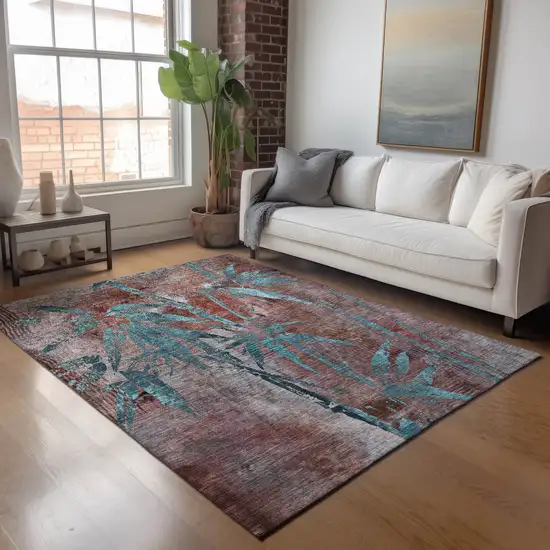 Terra Cotta And Teal Blue Botanical Leaves Washable Indoor Outdoor Area Rug Photo 9
