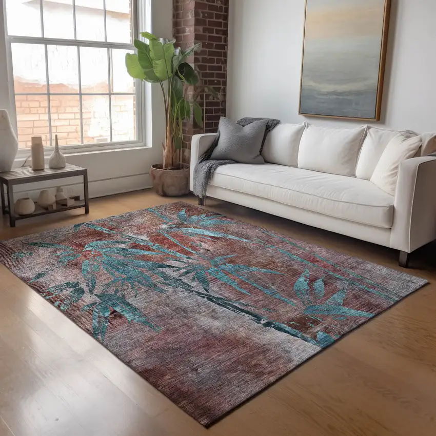 Terra Cotta And Teal Blue Botanical Leaves Washable Indoor Outdoor Area Rug Photo 9