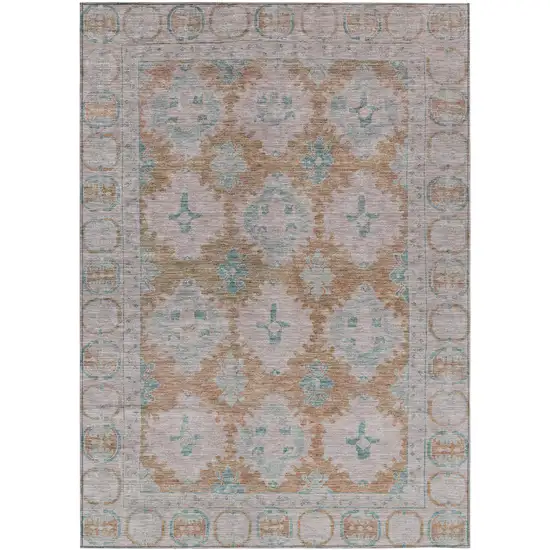 Terra Cotta And Teal Blue Damask Washable Indoor Outdoor Area Rug Photo 1