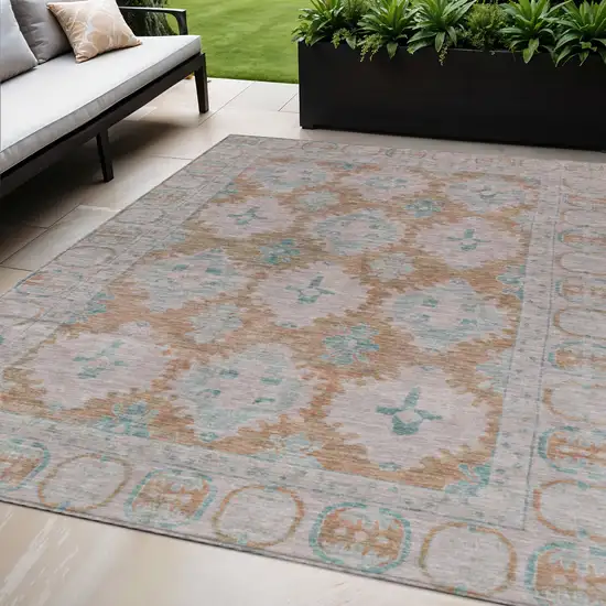 Terra Cotta And Teal Blue Damask Washable Indoor Outdoor Area Rug Photo 2
