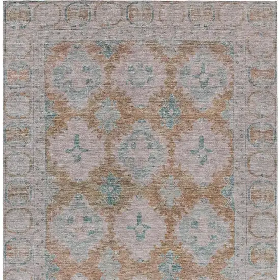 Terra Cotta And Teal Blue Damask Washable Indoor Outdoor Area Rug Photo 4