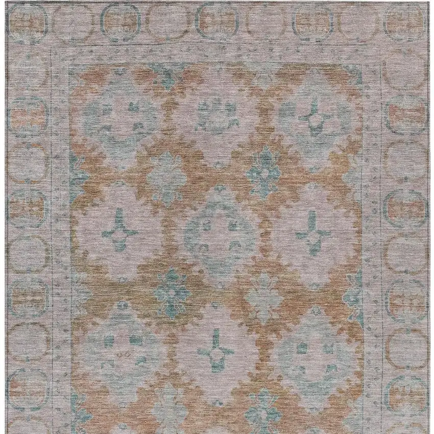 Terra Cotta And Teal Blue Damask Washable Indoor Outdoor Area Rug Photo 4