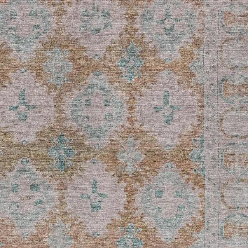 Terra Cotta And Teal Blue Damask Washable Indoor Outdoor Area Rug Photo 3