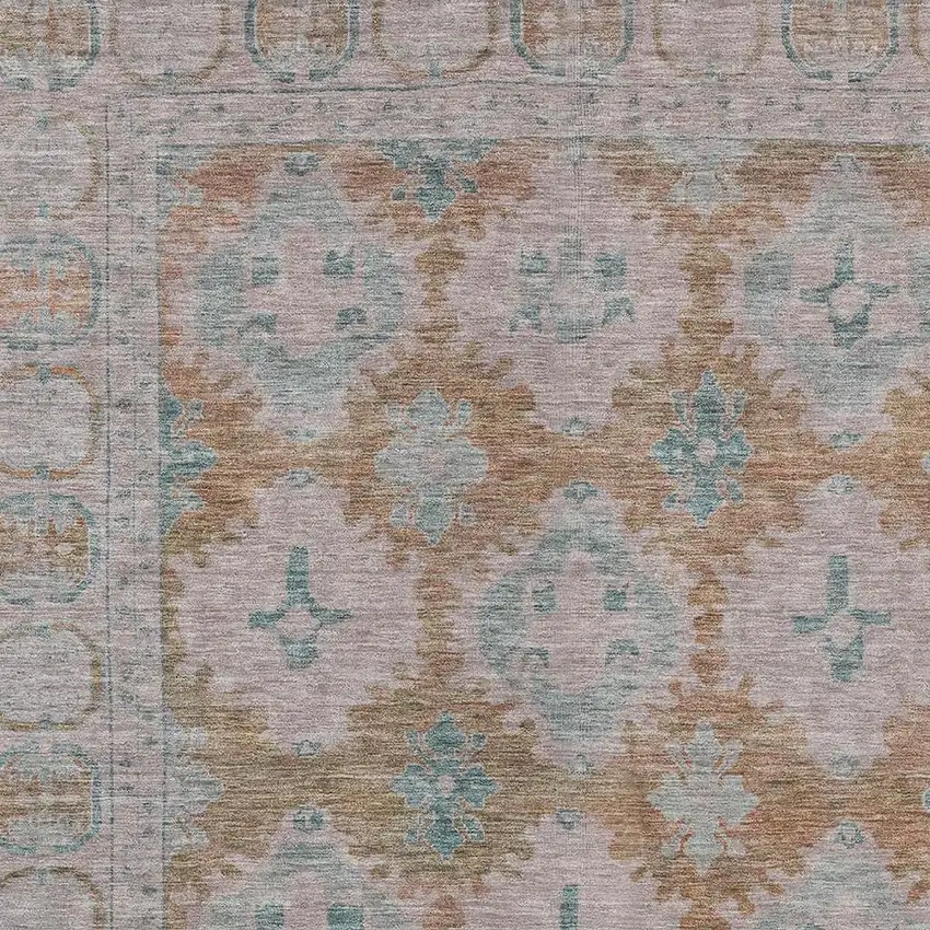 Terra Cotta And Teal Blue Damask Washable Indoor Outdoor Area Rug Photo 3