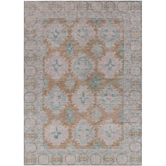 Terra Cotta And Teal Blue Damask Washable Indoor Outdoor Area Rug Photo 3