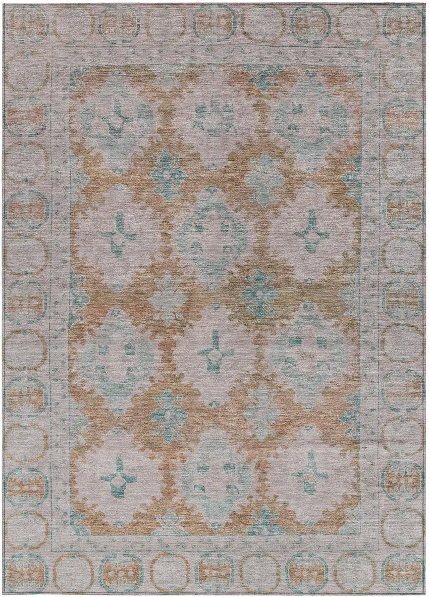 Terra Cotta And Teal Blue Damask Washable Indoor Outdoor Area Rug Photo 3
