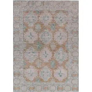 Photo of Terra Cotta And Teal Blue Damask Washable Indoor Outdoor Area Rug