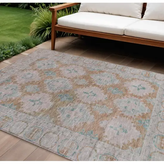 Terra Cotta And Teal Blue Damask Washable Indoor Outdoor Area Rug Photo 2
