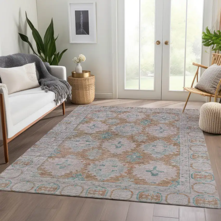 Terra Cotta And Teal Blue Damask Washable Indoor Outdoor Area Rug Photo 7