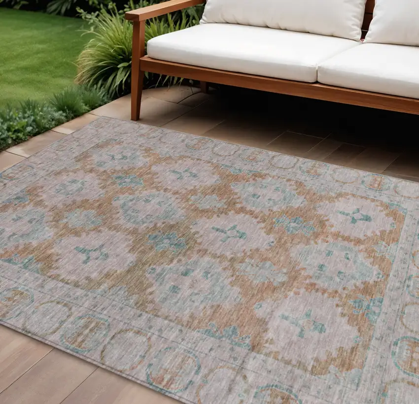 Terra Cotta And Teal Blue Damask Washable Indoor Outdoor Area Rug Photo 2