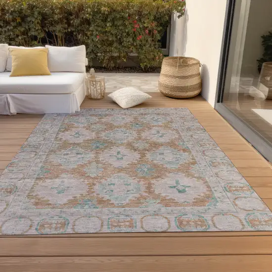 Terra Cotta And Teal Blue Damask Washable Indoor Outdoor Area Rug Photo 8